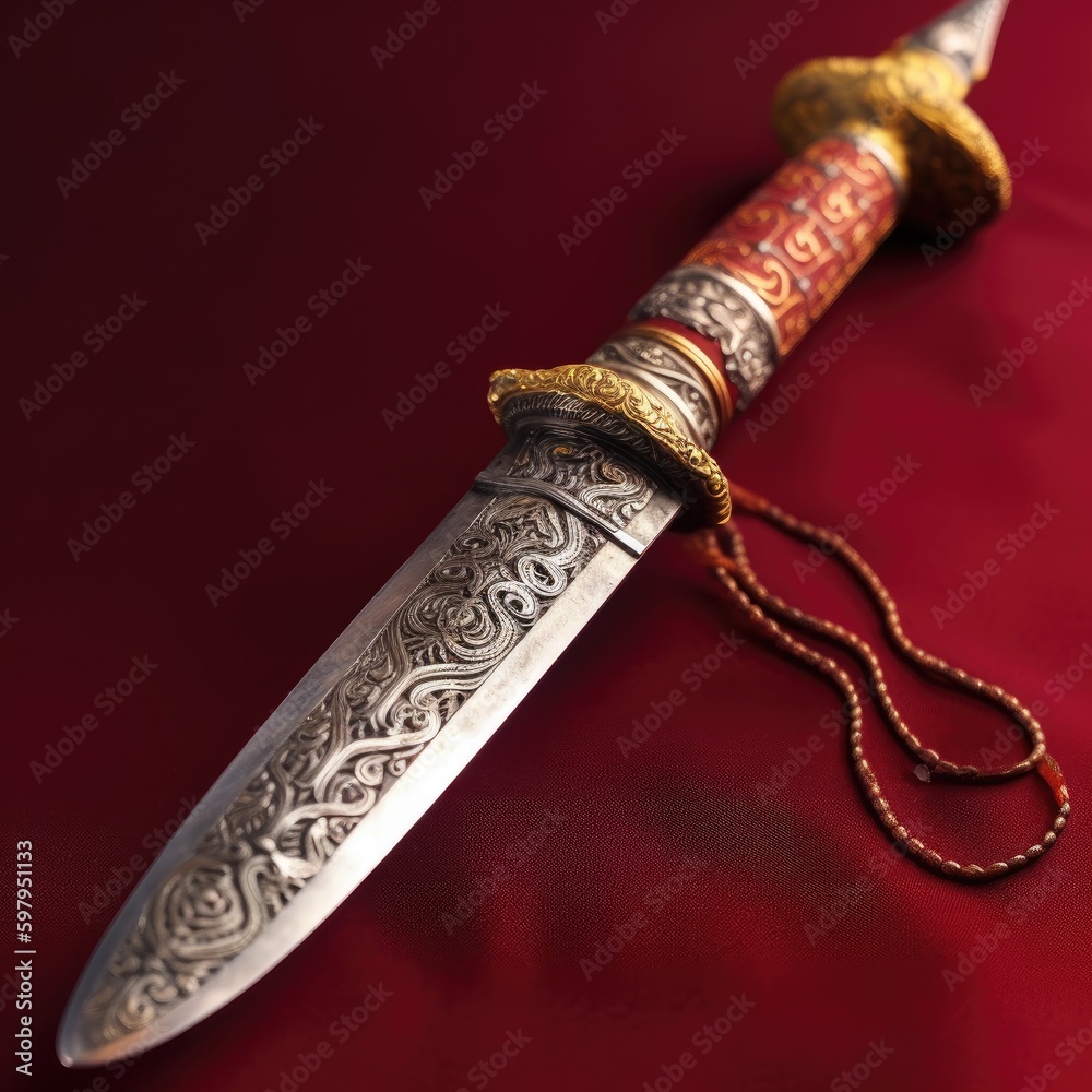 A classic Malayan keris dagger with an ornate handle and sheath isolated on a deep red background. generative ai A classic Malayan keris dagger with an ornate handle and sheath isolated on a deep red background. generative ai