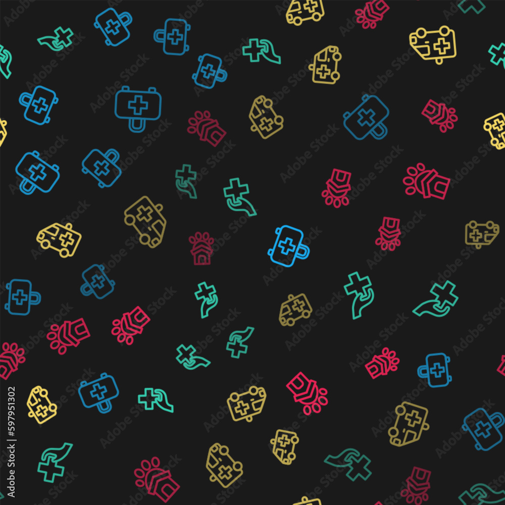 Set line First aid kit, Heart with cross, Ambulance car and Animal shelter house on seamless pattern. Vector Set line First aid kit, Heart with cross, Ambulance car and Animal shelter house on seamless pattern. Vector