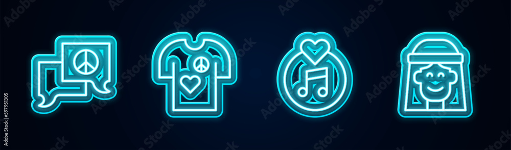 Set line Speech bubble chat, Peace t-shirt print stamp, Vinyl disk and Hippie girl. Glowing neon icon. Vector Set line Speech bubble chat, Peace t-shirt print stamp, Vinyl disk and Hippie girl. Glowing neon icon. Vector