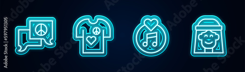 Set line Speech bubble chat, Peace t-shirt print stamp, Vinyl disk and Hippie girl. Glowing neon icon. Vector