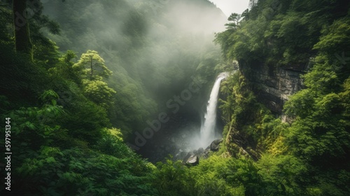 A dynamic and energetic view of a powerful waterfall crashing down into a deep canyon, with mist and spray filling the air and the vibrant green foliage creating a sense of vibrant , generative ai