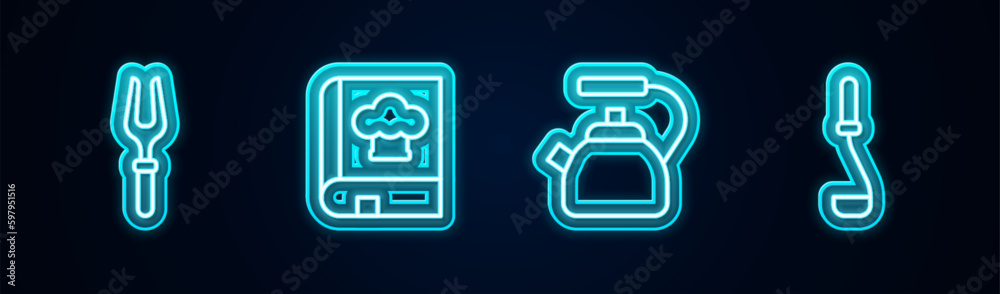 Set line Barbecue fork, Cookbook, Kettle with handle and Kitchen ladle. Glowing neon icon. Vector Set line Barbecue fork, Cookbook, Kettle with handle and Kitchen ladle. Glowing neon icon. Vector
