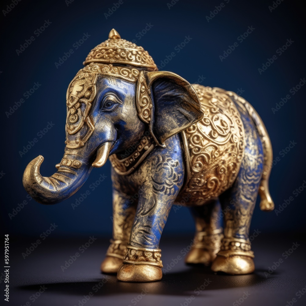 A traditional Thai gold-painted wooden elephant figurine isolated on a deep blue background. generative ai