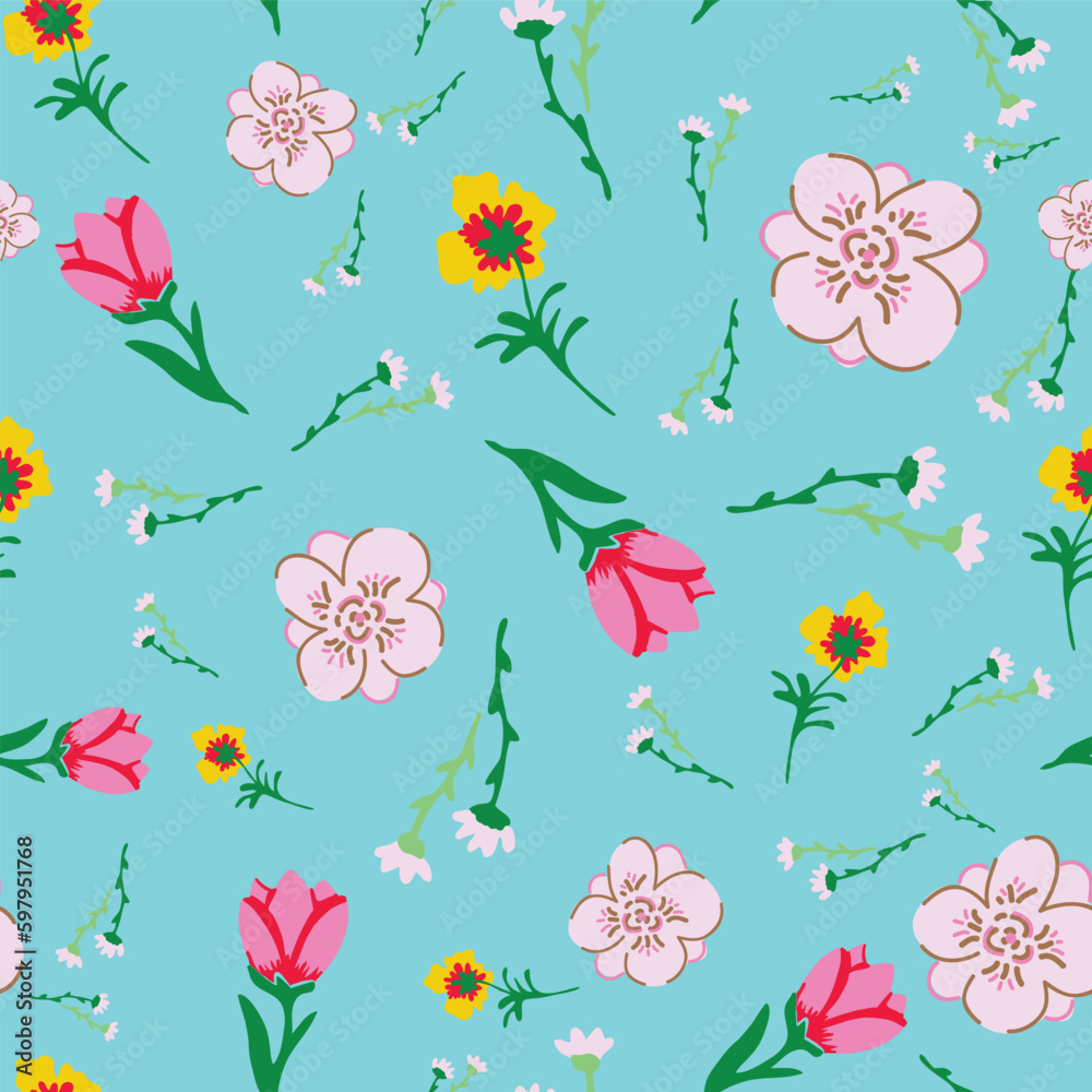 Obraz premium Abstract florals vector repeat pattern on blue background