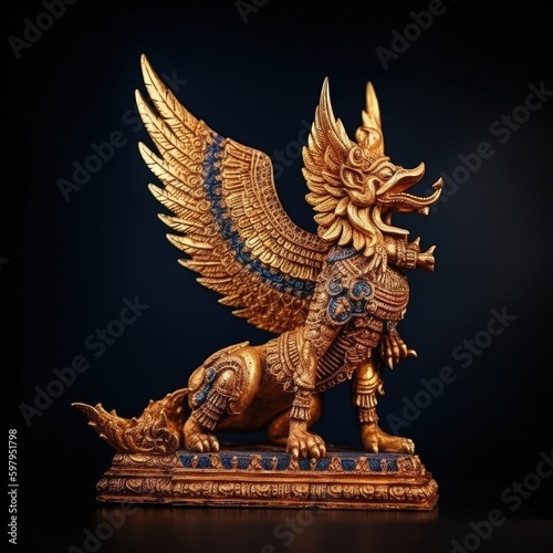 A traditional Thai gold-painted wooden garuda figurine isolated on a deep blue background. generative ai