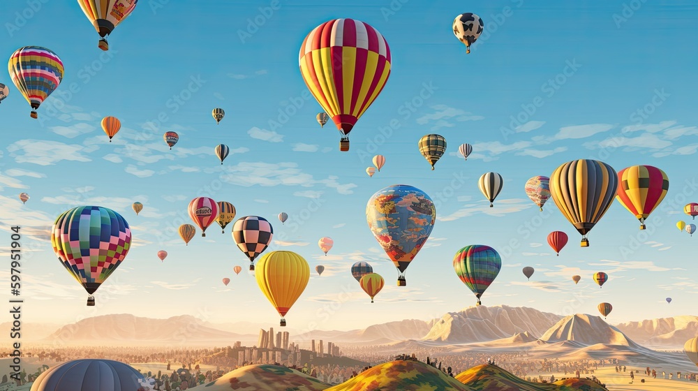 Obraz premium A whimsical and playful view of a colorful hot air balloon festival, dozens of balloons floating gracefully in the sky against a backdrop of a soft blue sky, creating a sense of joy. generative ai