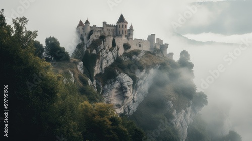 An ethereal and dreamy shot of a magnificent castle perched atop a rocky cliff  shrouded in a thick mist that creates an otherworldly and mystical atmosphere. generative ai