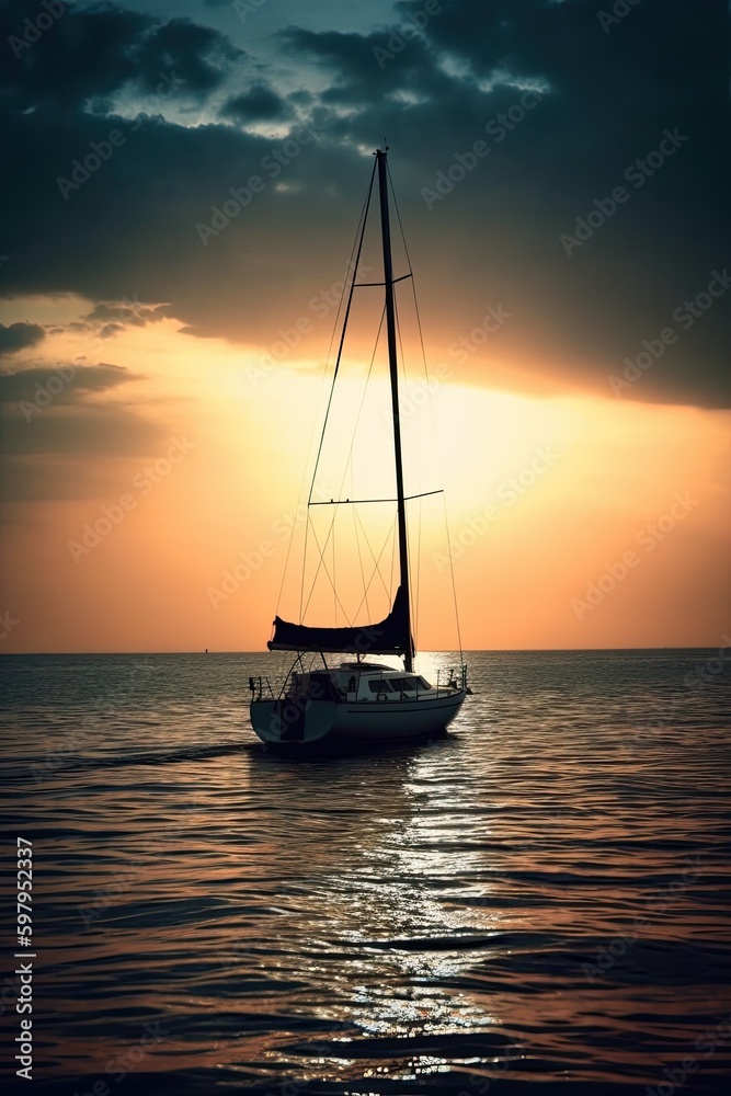 sailboat, horizon, golden hour, cinematic, album cover, colorful, gloomy generative ai