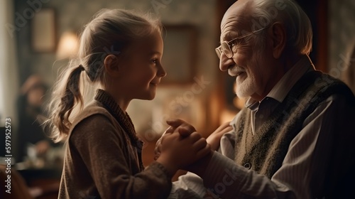 Loving caring elegant grandfather looking at his cute little granddaughter. Adorable child girl and positive grandpa. Hollding hands. Family concept. Generative Ai.