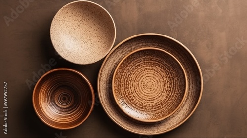 Different size plate on beige background. Flat lay, top view. Brown and natural color plates. Textured grainy pattern on the plates. Generative Ai.