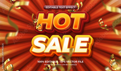 3d Hot Sale text effect with falling golden confetti and sunburst background. Editable gradient bold text effect template