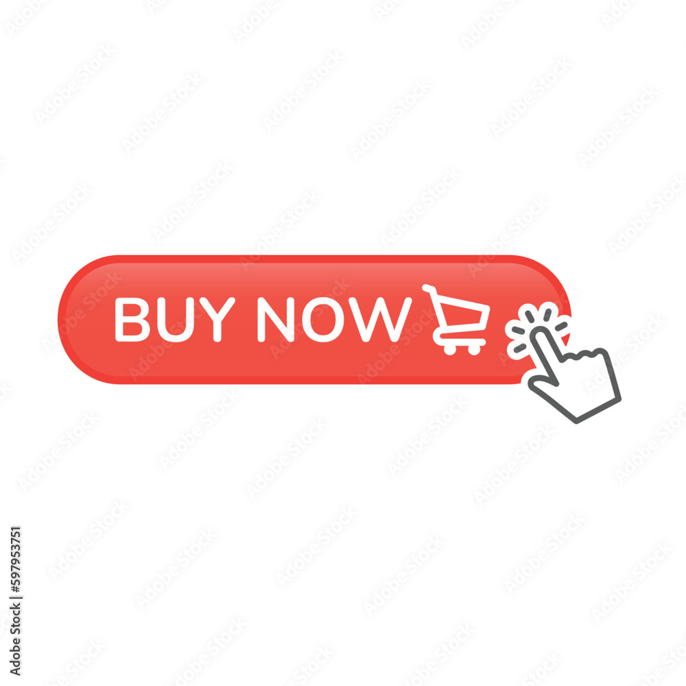 Buy now button with cursor hand click. Vector 3d effect icon. Buy now button with cursor hand click. Vector 3d effect icon.