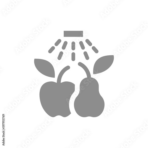 Wash well before eating vector label. Water tap and fruits fill icon.
