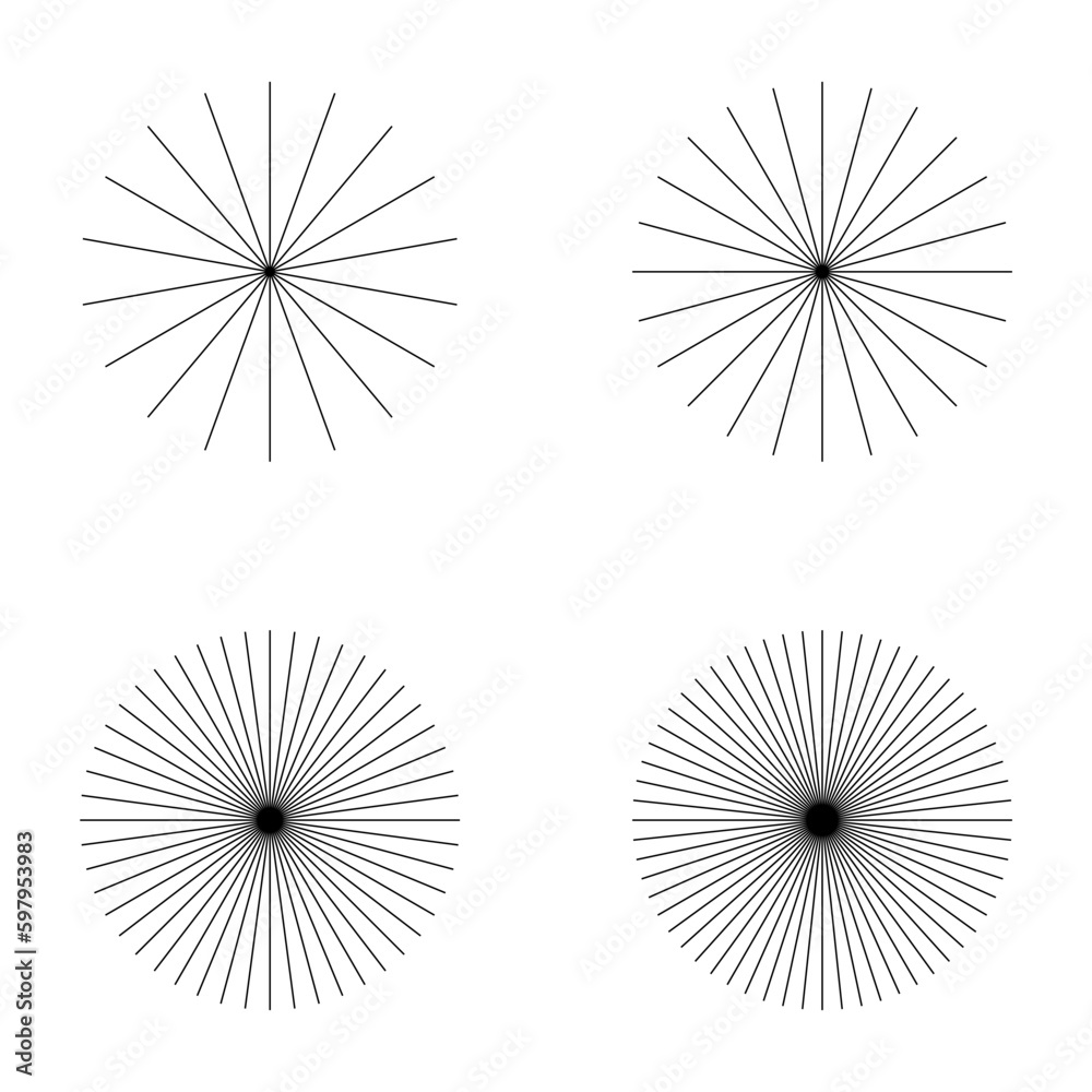 Set of converging radiating lines burst icon, geometric sunburst element, sun shape vector illustration