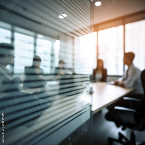 A group of employees are sitting in a meeting room through a blurred lens.