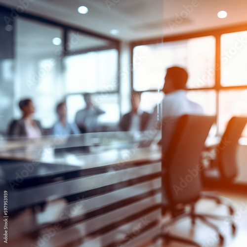 A group of employees are sitting in a meeting room through a blurred lens.