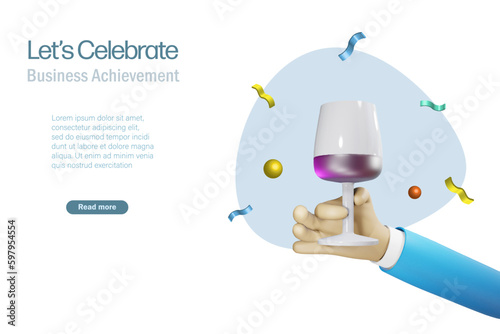 Businessman hand holding glass of red wine for toasting. Success business and celebration concept. 3D vector.