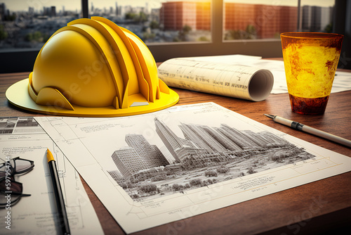 Working desk of a construction engineer. Architectural drawings with modern building on the wooden table. Yellow cask and glass of drink beside. Generative AI.