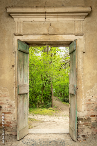 Fototapeta Naklejka Na Ścianę i Meble -  Wonderful view of a park or woods with lush green vegetation through a wooden open door and a stone wall of an ancient castle in San Sebastiano da Po Castle, Torino, Piemonte region, Italy, vertical