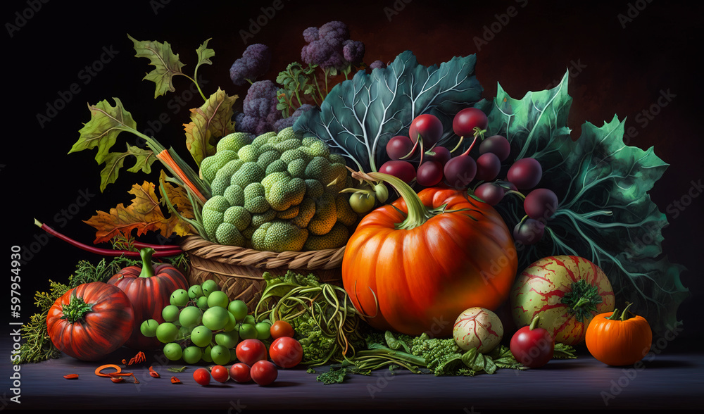 Freshly picked harvest of autumn vegetables on the table. Pumpkins and few kinds of cabbages at black backdrop. Generative AI.