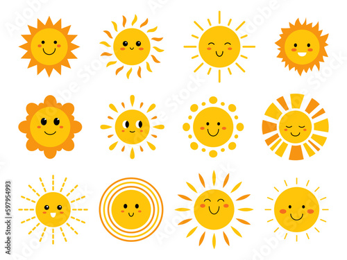 Vector set of funny suns with faces. Cute summer sunshine emoji. Collection of yellow childish sunny emoticons. Smiling baby sun with sunbeams. © Ulyana Mo