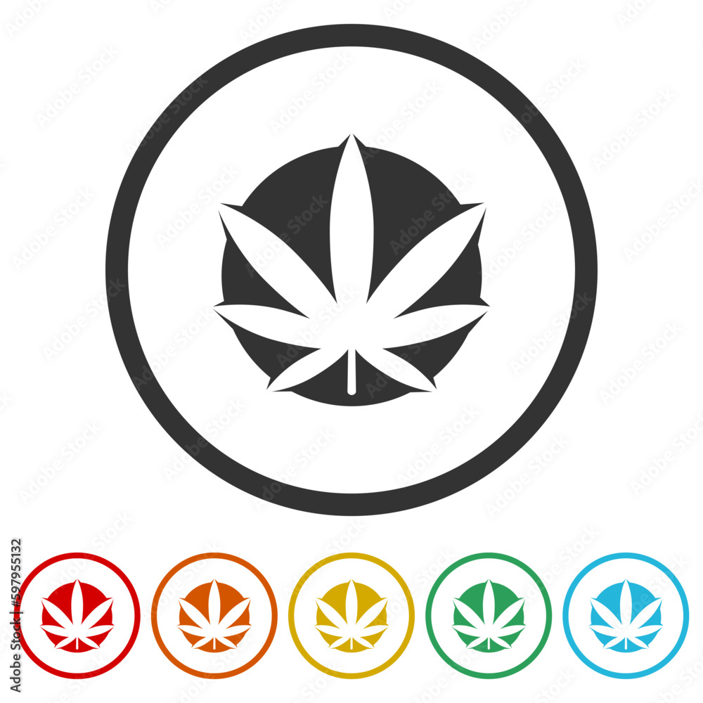 Marijuana cannabis icon logo. Set icons in color circle buttons Marijuana cannabis icon logo. Set icons in color circle buttons