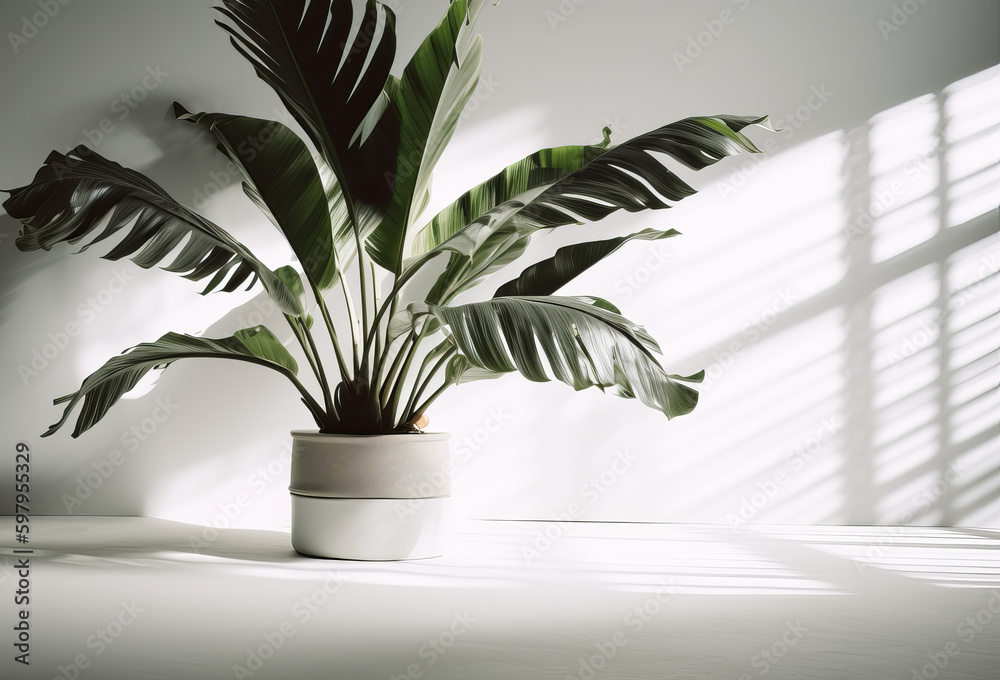 Plants in pot, tropical palm leaves interior decor in sunny room, healthy space. AI generative Plants in pot, tropical palm leaves interior decor in sunny room, healthy space. AI generative