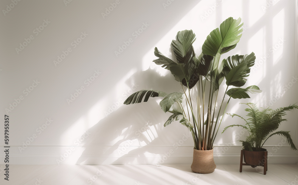 Plants in pot, tropical palm leaves interior decor in sunny room, healthy space. AI generative Plants in pot, tropical palm leaves interior decor in sunny room, healthy space. AI generative