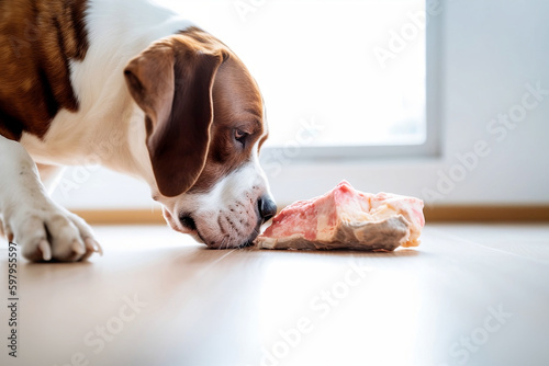 Dog sniffing big chunk of raw meat on kitchen floor. 