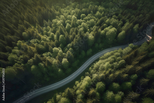 Top view of empty street leading though forest. Generative AI illustration © Firn