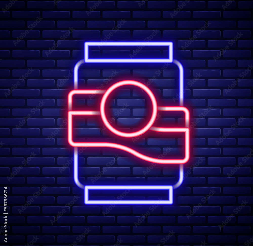 Glowing neon line Soda can icon isolated on brick wall background. Colorful outline concept. Vector Glowing neon line Soda can icon isolated on brick wall background. Colorful outline concept. Vector