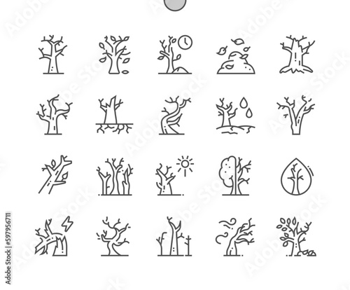 Dry tree. Drought. Branch. Dried dead trees. Old wood and nature. Pixel Perfect Vector Thin Line Icons. Simple Minimal Pictogram