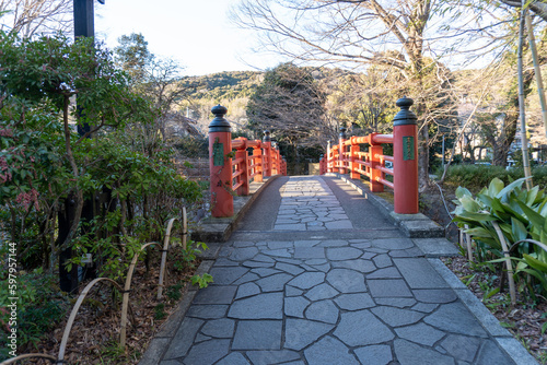 Japanese red bridge named Kaedebashi in Shuzenji, Izu photo