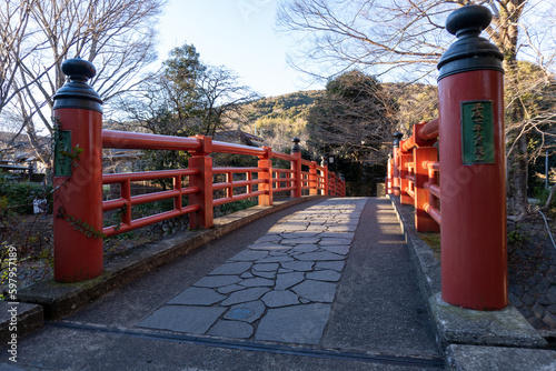 Japanese red bridge named Kaedebashi in Shuzenji, Izu photo