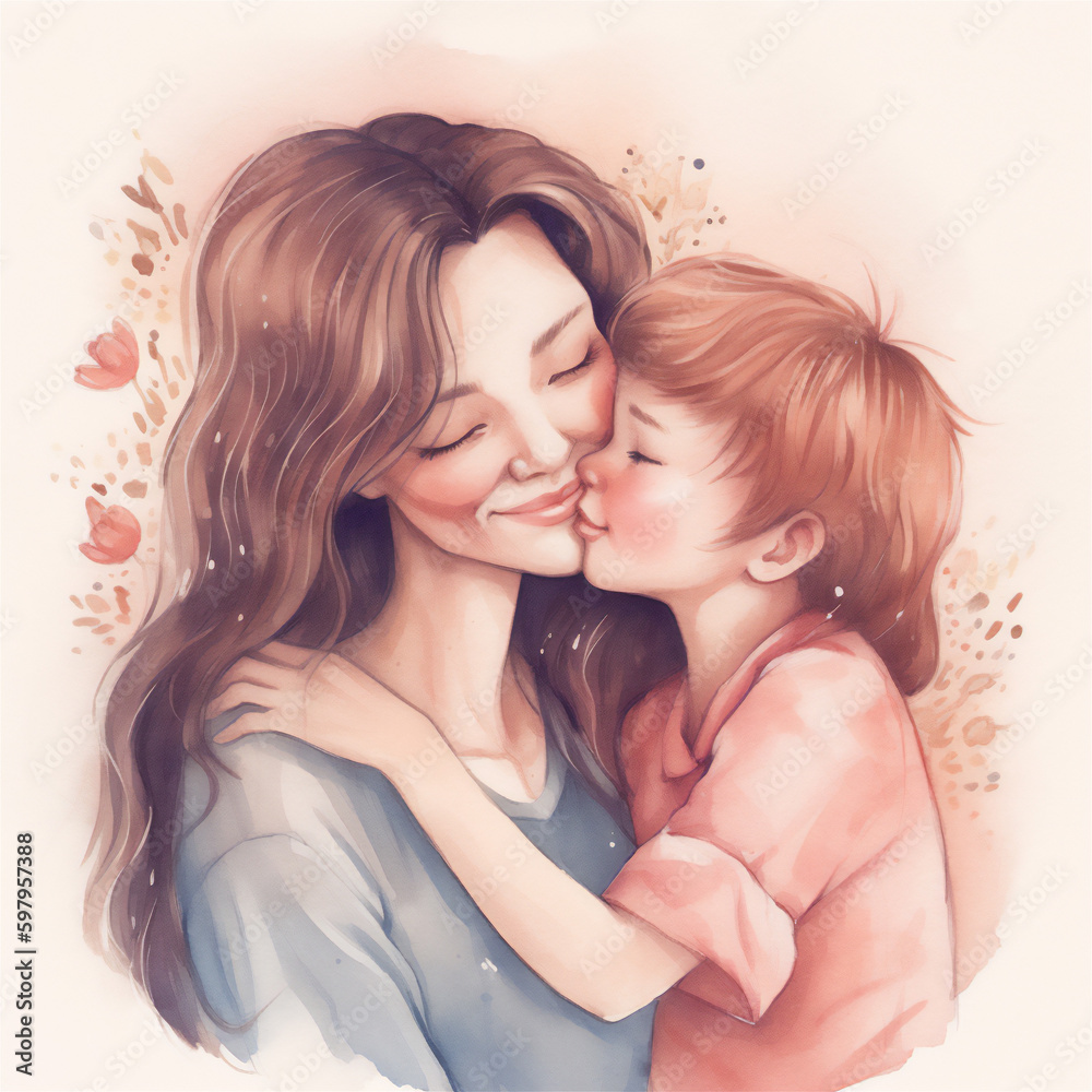 Illustration of a mom hugging her son / daughter. Happy Mothe's Day