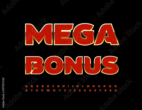 Vector promo banner Mega Bonus. Red and Gold elite Font. Premium Alphabet Letters and Numbers set