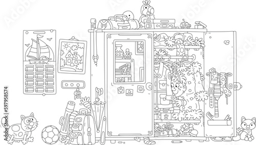 Little boy playing with his funny cat hide and seek in a large closet full of clothes, shoes, other things and toys in a home hallway, black and white vector cartoon illustration for a coloring book