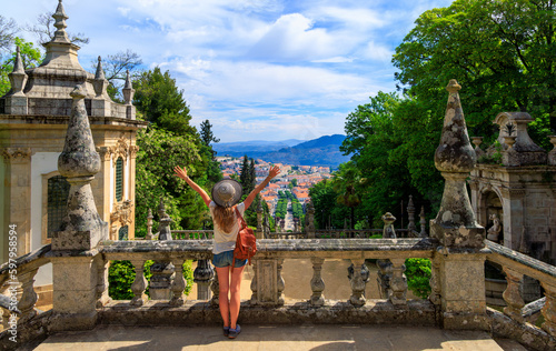 Woman tourist in Portugal- Sanctuary Nossa Senhora dos Remedios in Lamego- Viseu distric