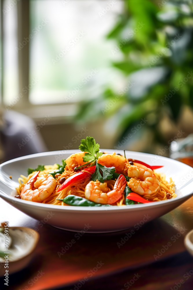 Spicy pasta noodles with shrimps and veggies in the country style, homemade comfort food and dinner recipe. Generative Ai Spicy pasta noodles with shrimps and veggies in the country style, homemade comfort food and dinner recipe. Generative Ai