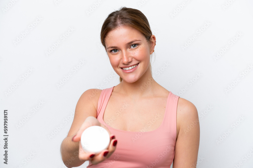 Young caucasian woman isolated on white background with moisturizer and offering it Young caucasian woman isolated on white background with moisturizer and offering it