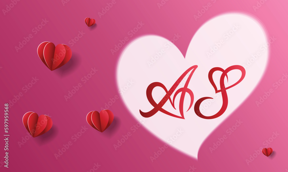 letter A S love greeting design with red and white hearts