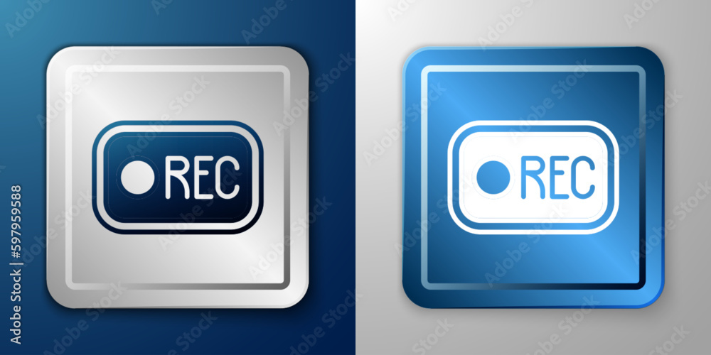 White Record button icon isolated on blue and grey background. Rec button. Silver and blue square button. Vector White Record button icon isolated on blue and grey background. Rec button. Silver and blue square button. Vector