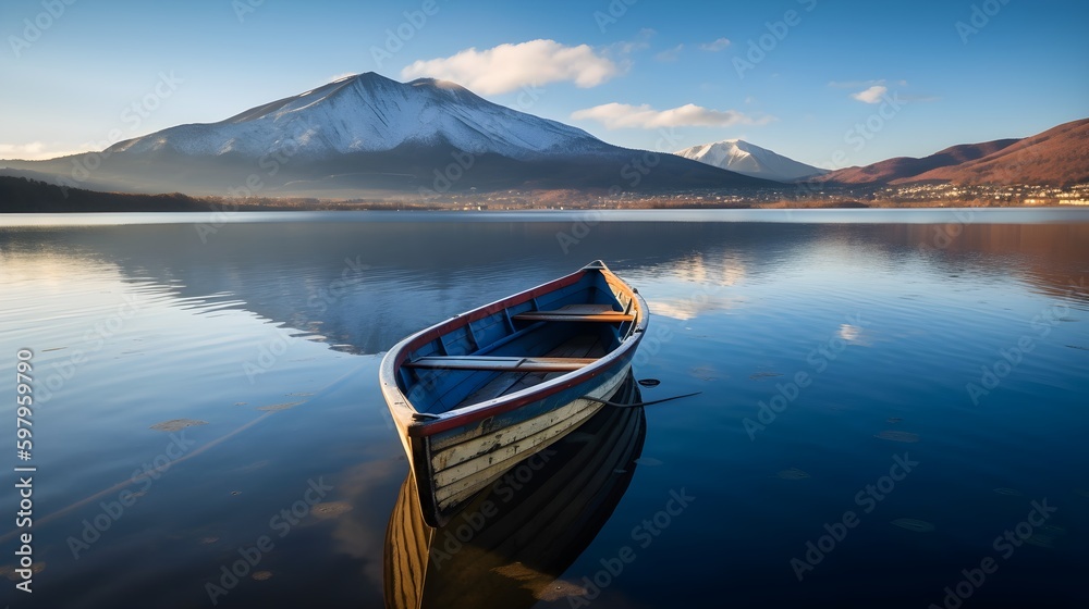 lake and mountains with boat