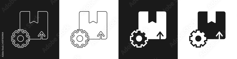 Set Gear wheel with package box icon isolated on black and white background. Box, package, parcel sign. Delivery and packaging. Vector Set Gear wheel with package box icon isolated on black and white background. Box, package, parcel sign. Delivery and packaging. Vector