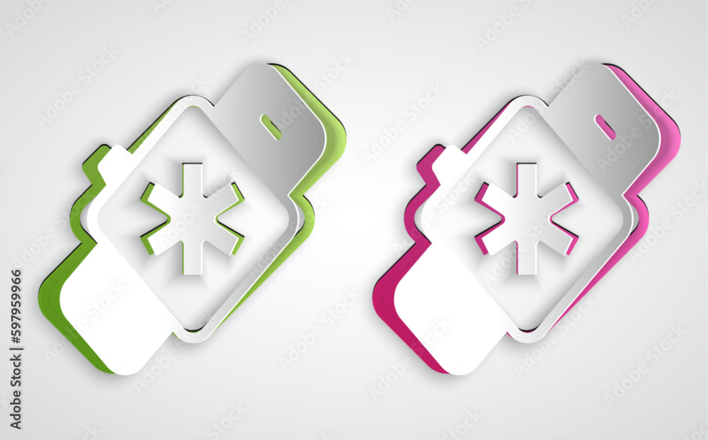 Fototapeta premium Paper cut Smart watch showing heart beat rate icon isolated on grey background. Fitness App concept. Paper art style. Vector
