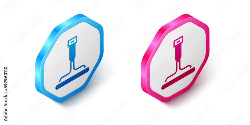 Isometric Cleaning service with of rubber cleaner for windows icon isolated on white background. Squeegee, scraper, wiper. Hexagon button. Vector