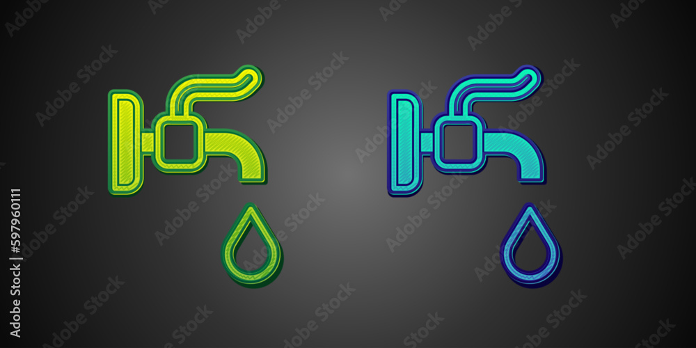 Green and blue Water tap icon isolated on black background. Vector Green and blue Water tap icon isolated on black background. Vector