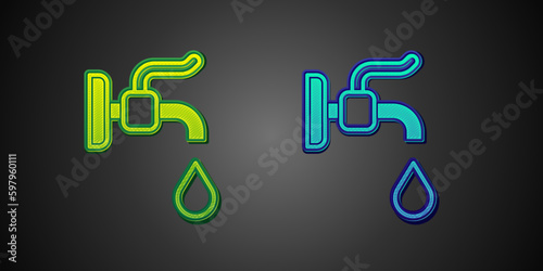 Green and blue Water tap icon isolated on black background. Vector