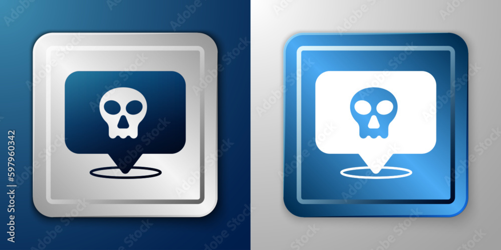 White Skull icon isolated on blue and grey background. Happy Halloween party. Silver and blue square button. Vector White Skull icon isolated on blue and grey background. Happy Halloween party. Silver and blue square button. Vector