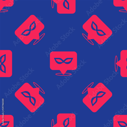 Red Carnival mask icon isolated seamless pattern on blue background. Masquerade party mask. Vector